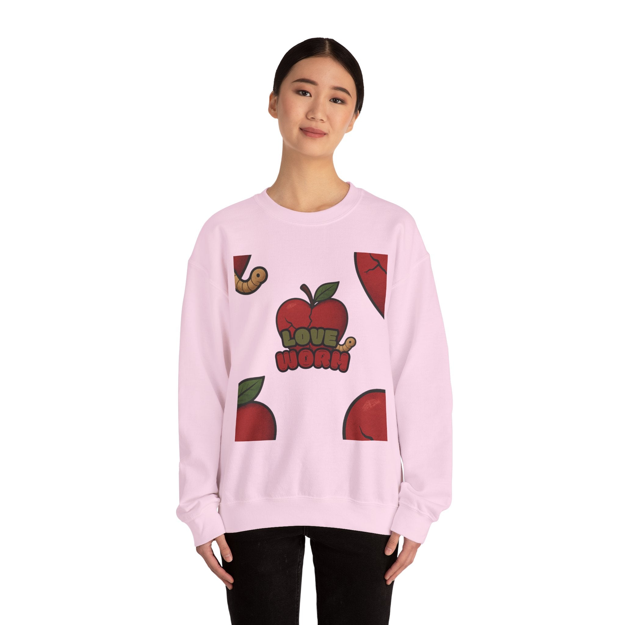 Crewneck Sweatshirt — 'Love, Worm' Apple Graphic Cozy Pullover