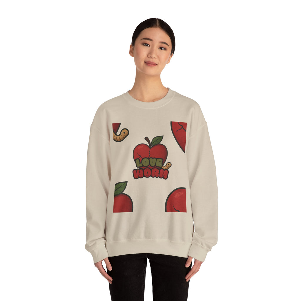 Crewneck Sweatshirt — 'Love, Worm' Apple Graphic Cozy Pullover