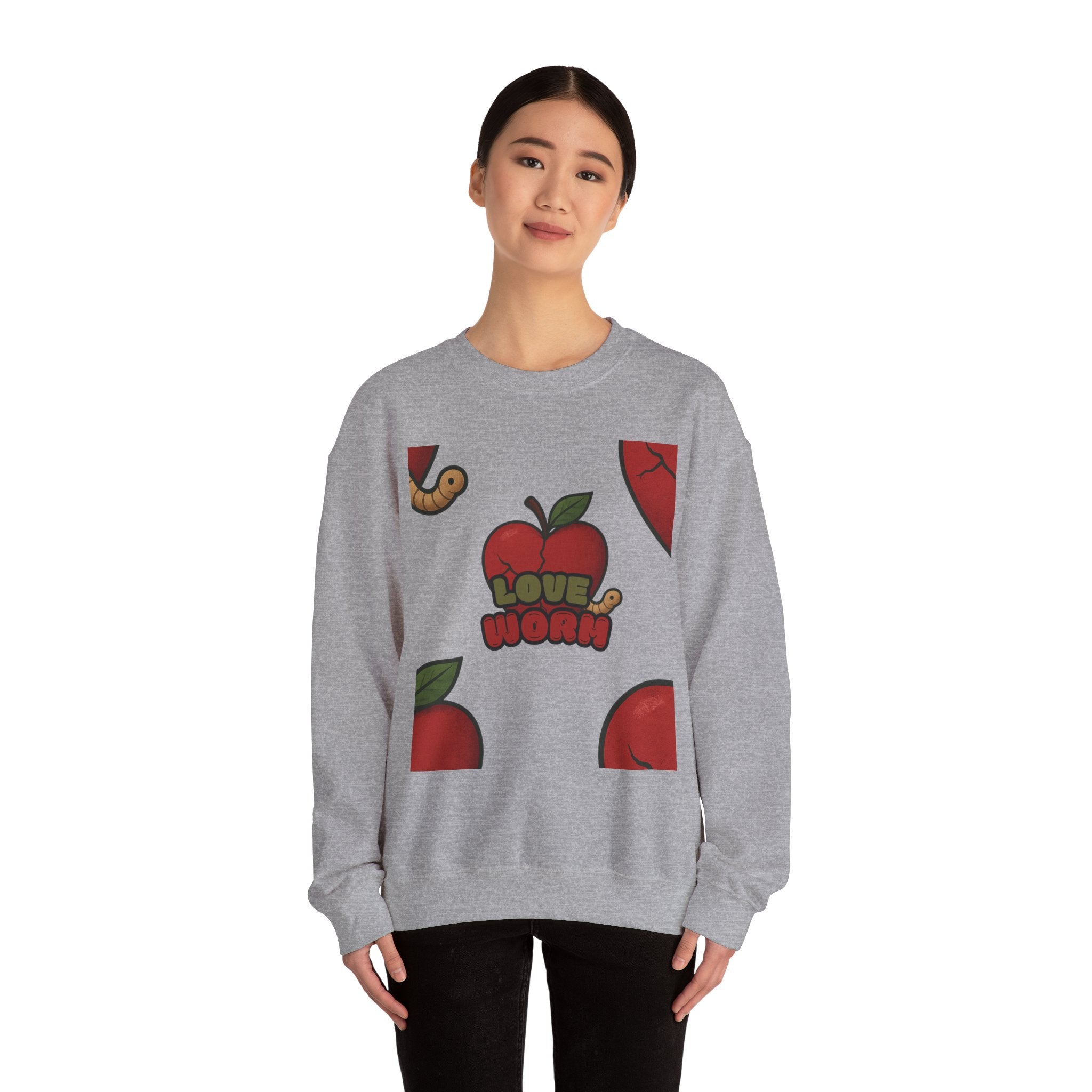 Crewneck Sweatshirt — 'Love, Worm' Apple Graphic Cozy Pullover