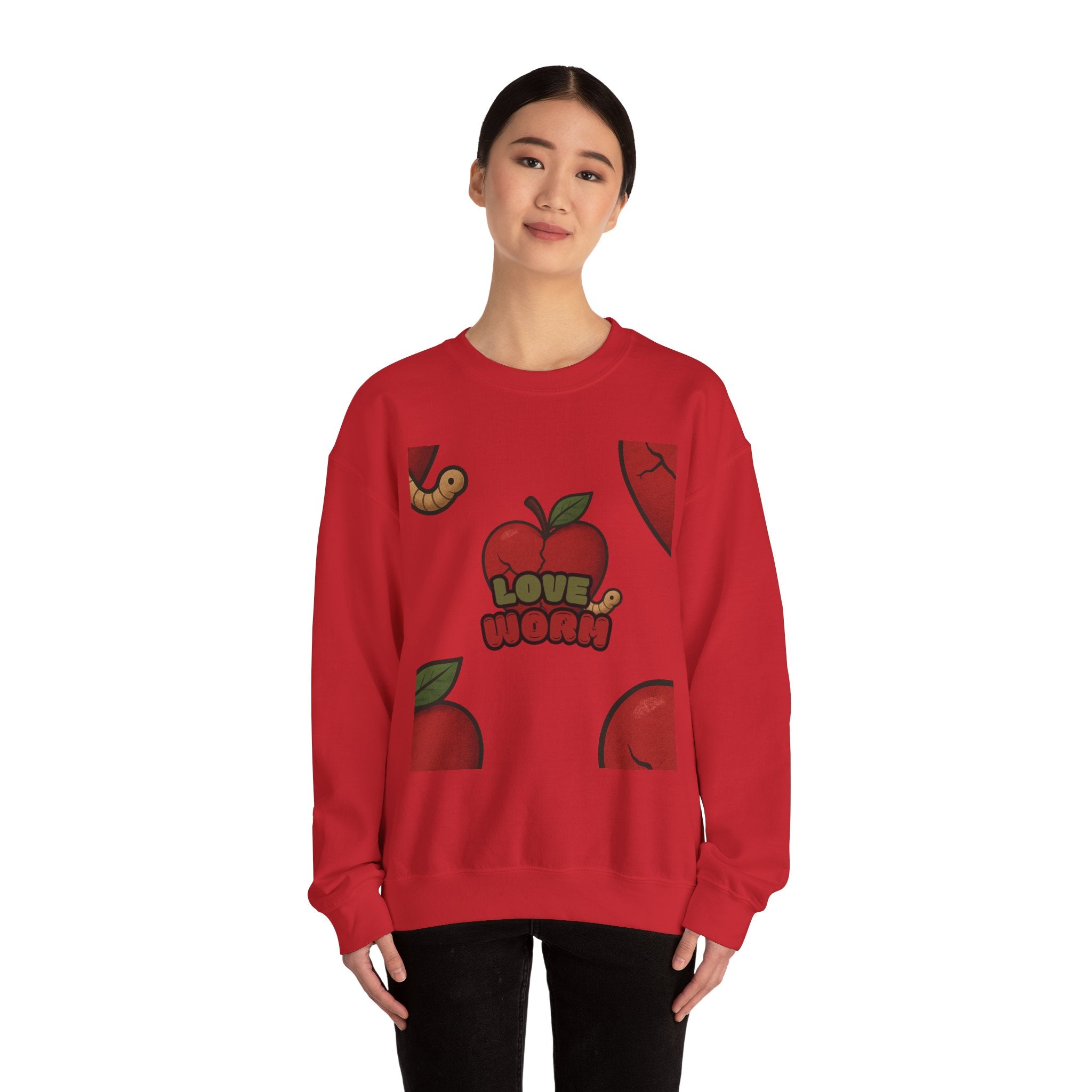 Crewneck Sweatshirt — 'Love, Worm' Apple Graphic Cozy Pullover