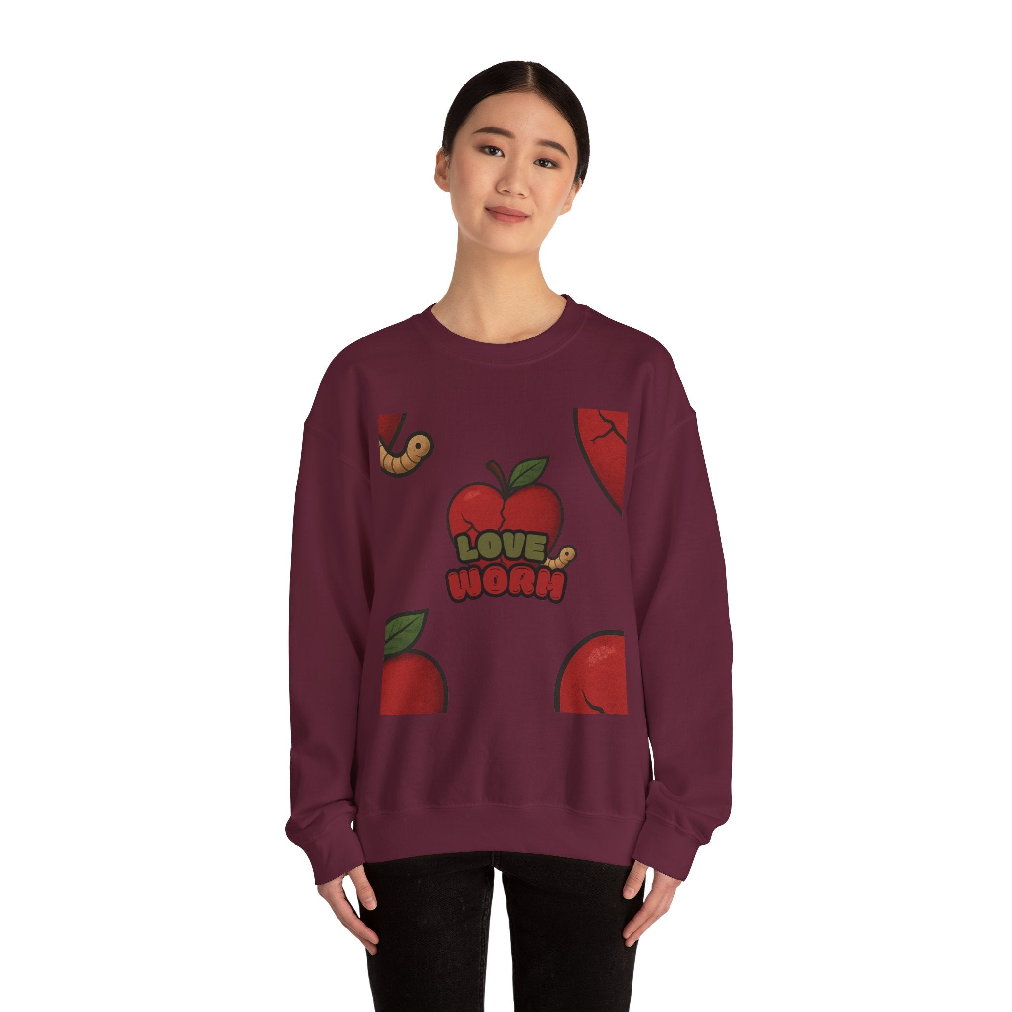 Crewneck Sweatshirt — 'Love, Worm' Apple Graphic Cozy Pullover
