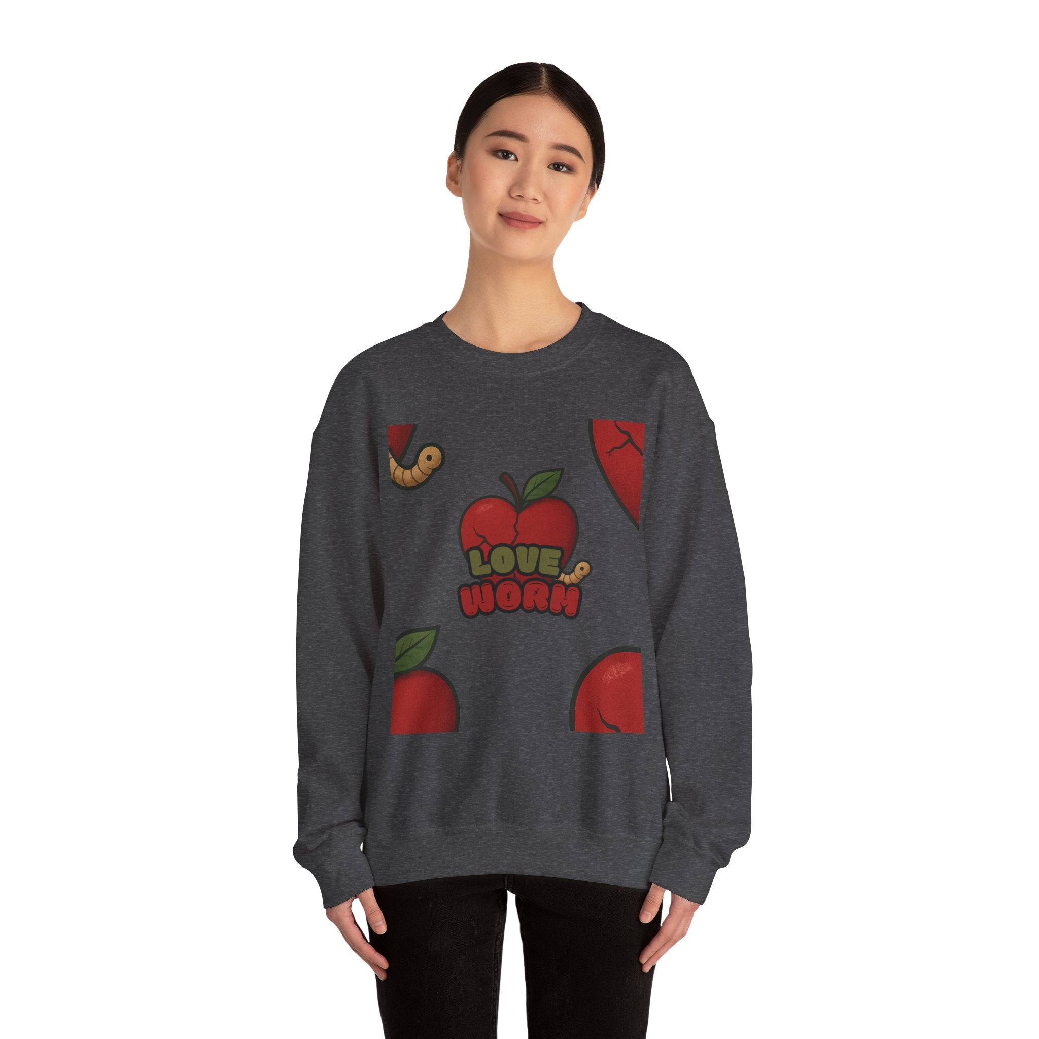 Crewneck Sweatshirt — 'Love, Worm' Apple Graphic Cozy Pullover